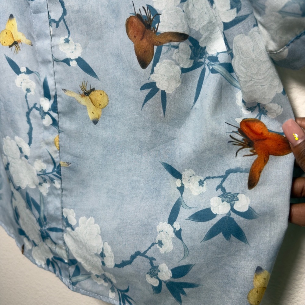 Women Cotton Top Large Blue Floral Butterfly Novelty Peter Pan Collar Preppy - Picture 5 of 6